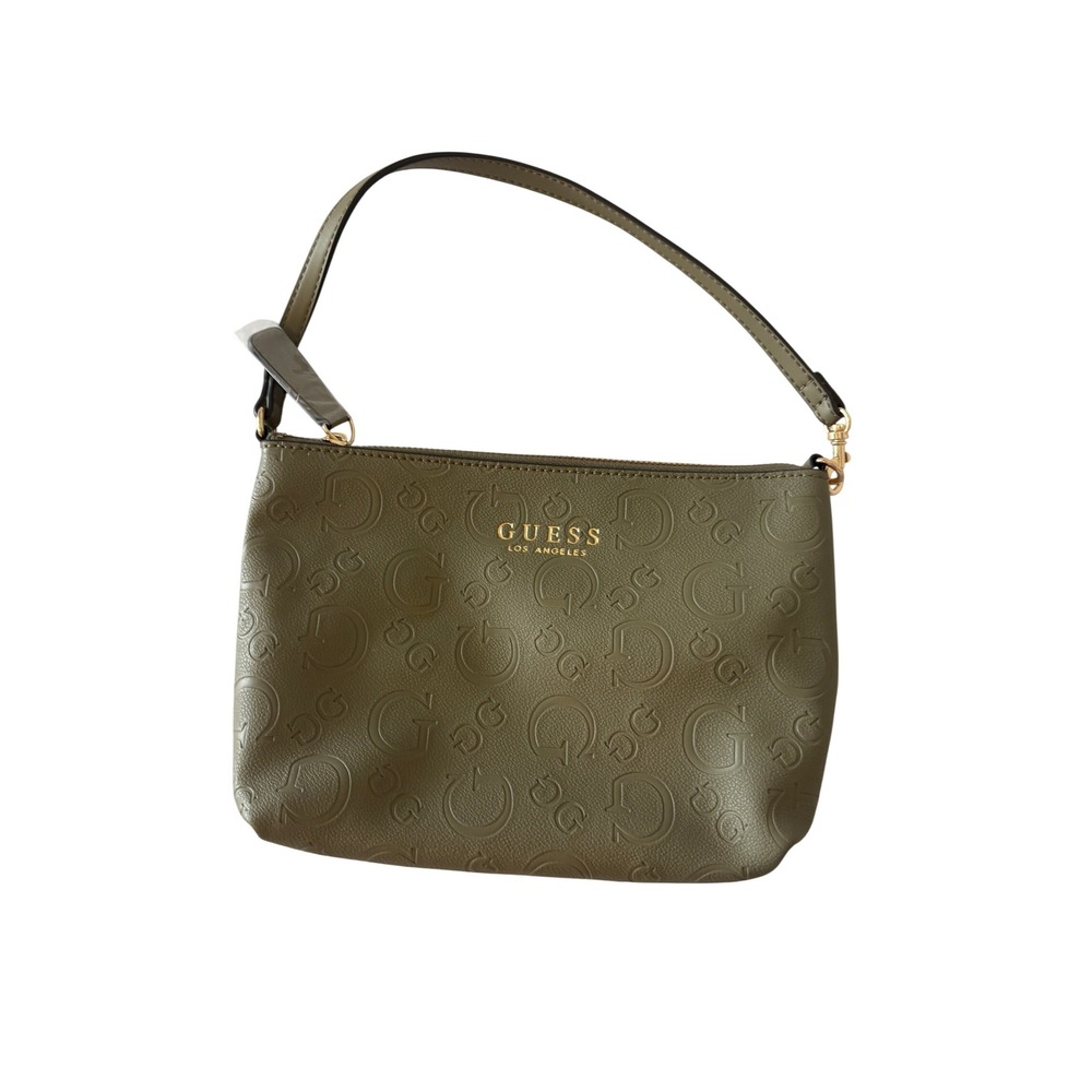 Guess Los Angeles Olive Green Embossed Logo Mini pouch Gold Hardware Minimalist